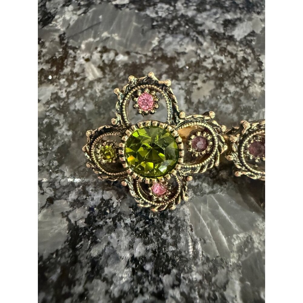 Vintage Sarah Coventry Green & Pink Rhinestone Flower Clip-On Earrings Gold Tone - Picture 2 of 9